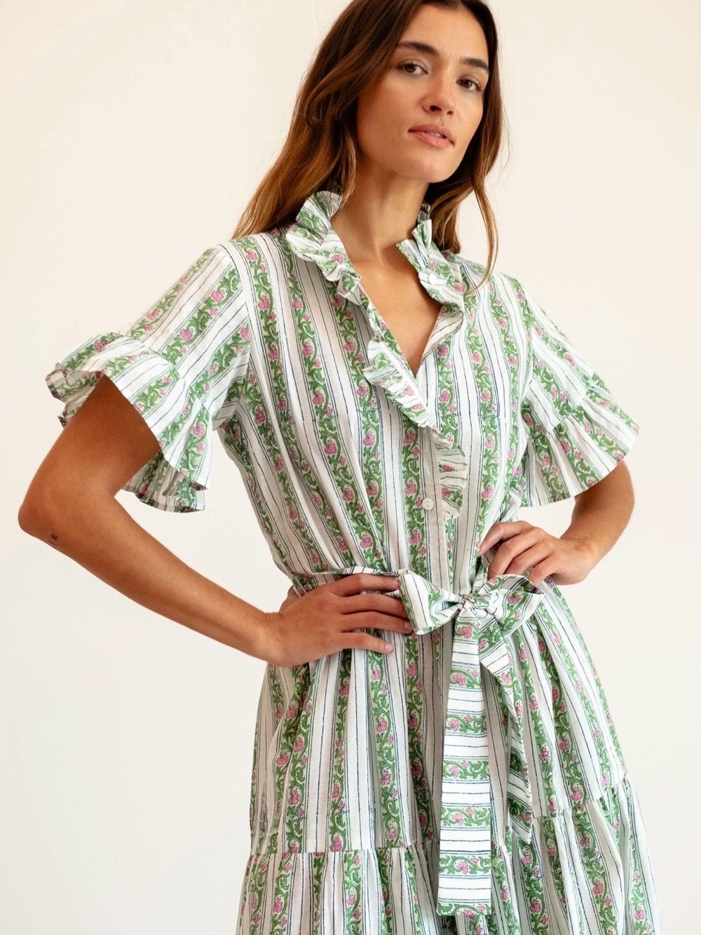 Mille Floral Stripe Ruffle Shirt Dress in Green and Pink